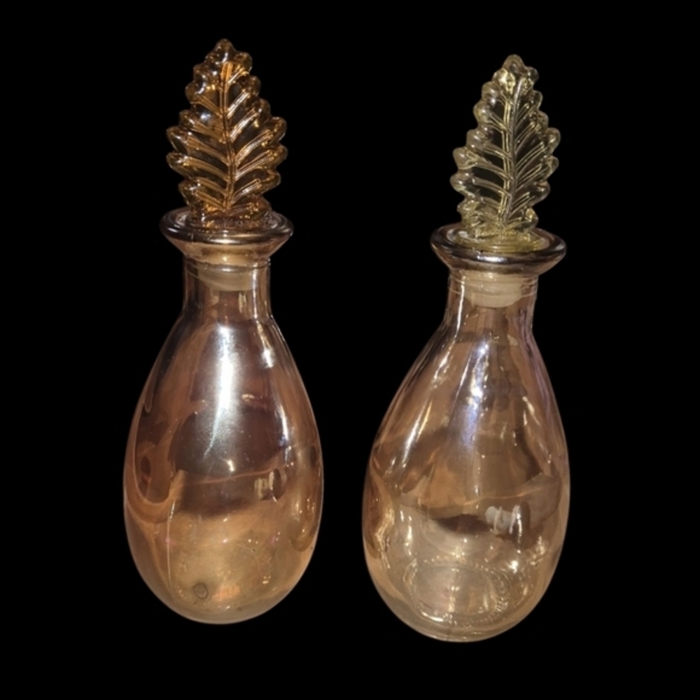 Rose Gold Iridescent Amber  Bottle with Leaf Stopper Lot Of 2